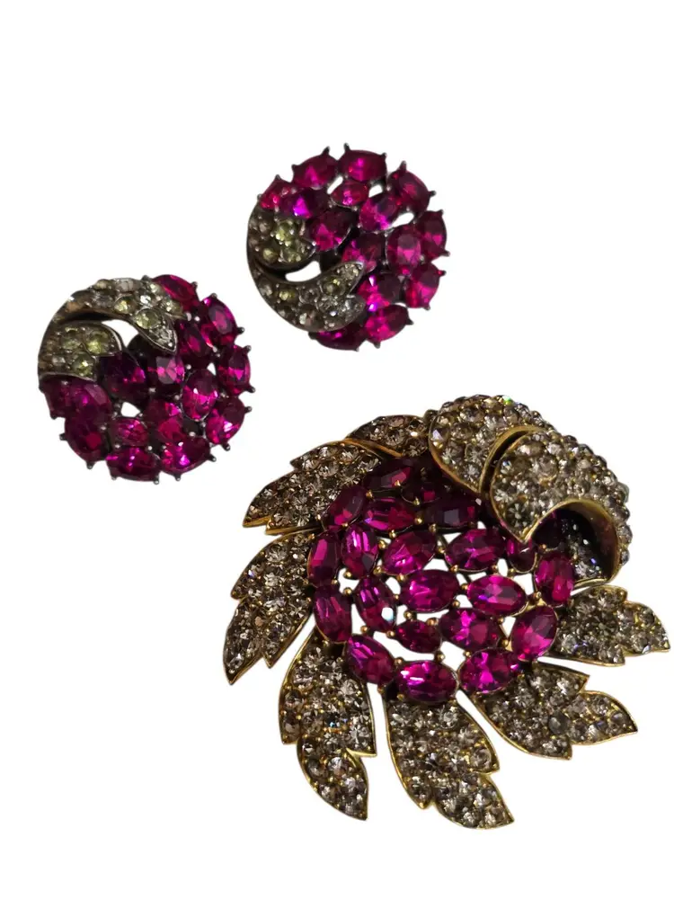 Alfred Philippe Trifari Rare Diamonte Flower Brooch & Clip-On Earrings Set
