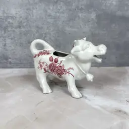 Red Floral Transferware Cow Creamer: Vintage English Ironstone Staffordshire Pitcher (0099-25)