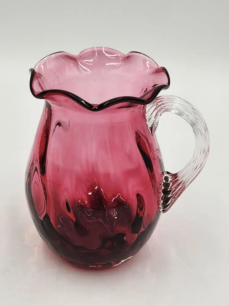 Pilgrim Glass 4" Cranberry Pitcher With Clear Handle
