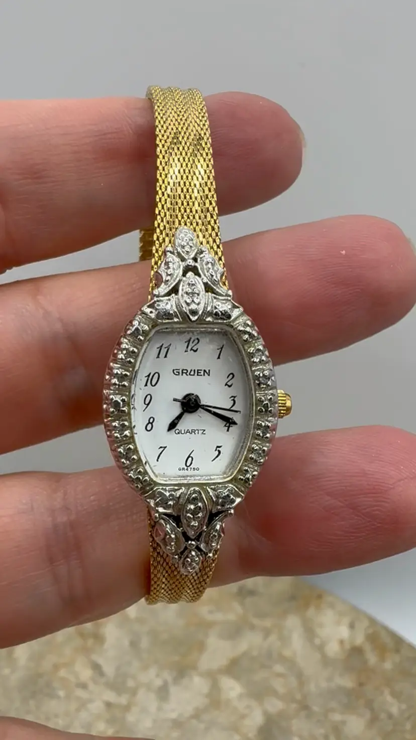 Vintage Gruen Diamond Accented Cocktail Watch Gold Tone Mesh Band - Working New Battery