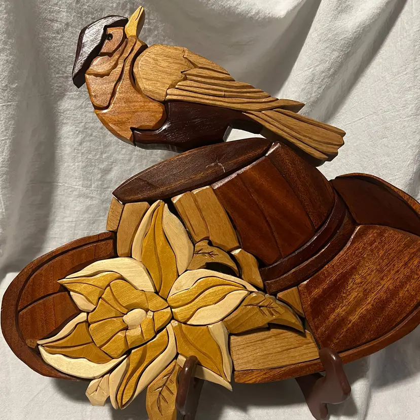 Bird on Bonnet "Spring Bonnet" signed by Jerry Scott - Intarsia Wood Art