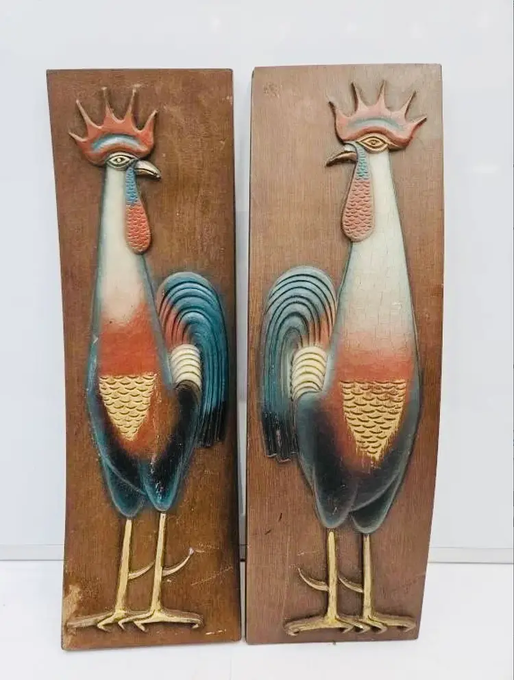 Vintage Mid Century Rooster Wall Art Set - Carved Wood Plaques - Mid Cetury Modern READ