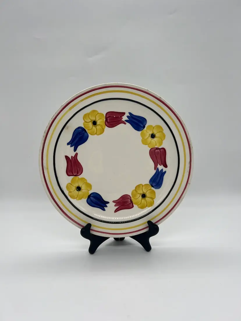 Vintage Blue Ridge Southern Potteries Luncheon Plate Chamblee Pattern Blue Red Yellow Tulip Flower Stripes