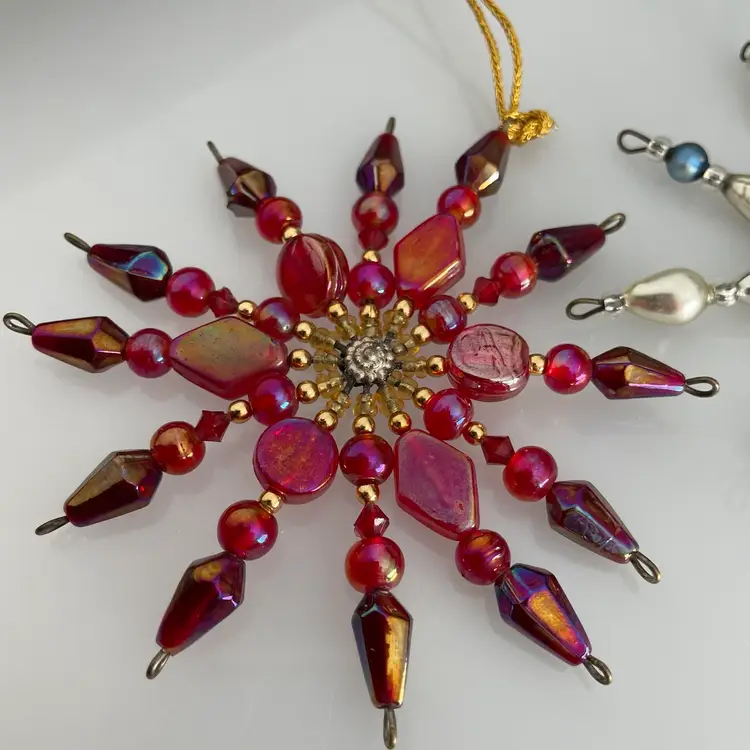 Silver Mercury & Red Blown Glass Bead Snowflake Lot of 2 Christmas Ornaments Vintage