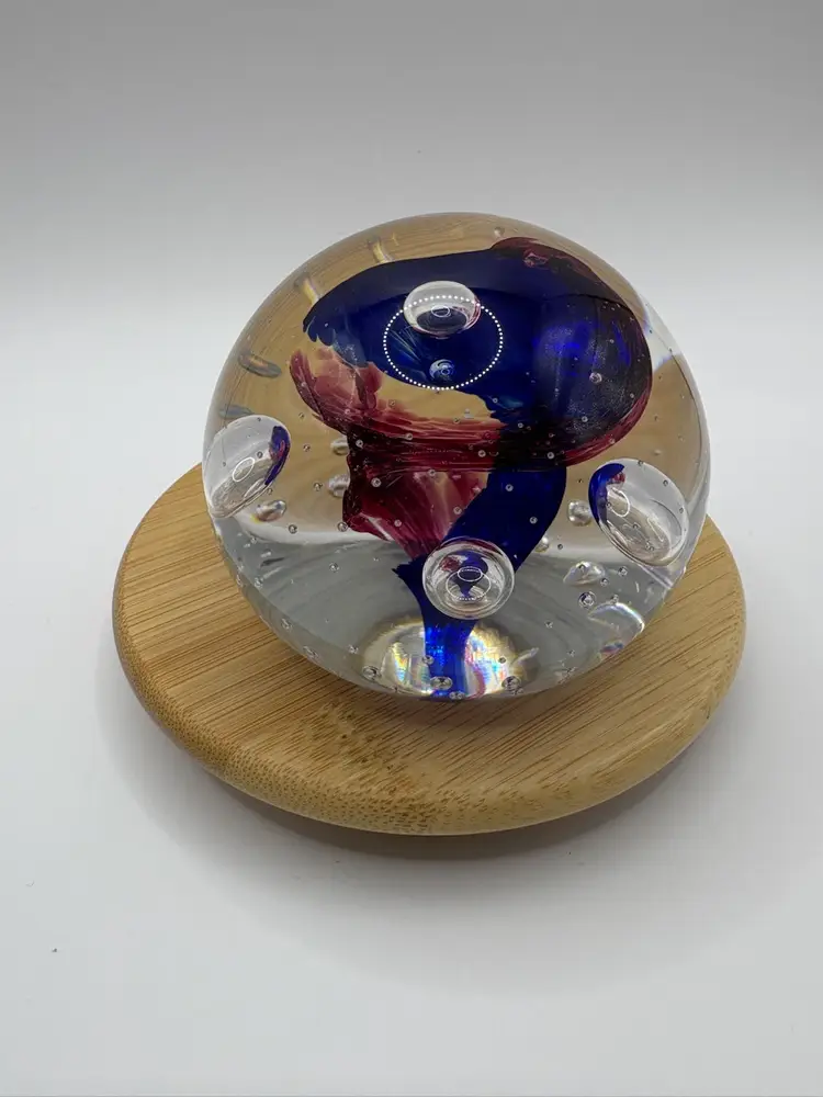 The Glass Station Blue And Red Swirl Glass Paperweight Signed
