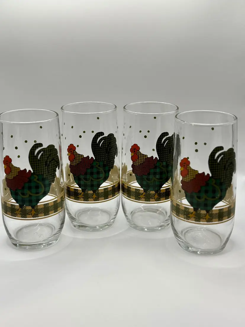 Vintage 1998 Rooster Morn Drinking Tumbler Glasses Set Of 4, By Julie Ingleman Designs For International, Made In China