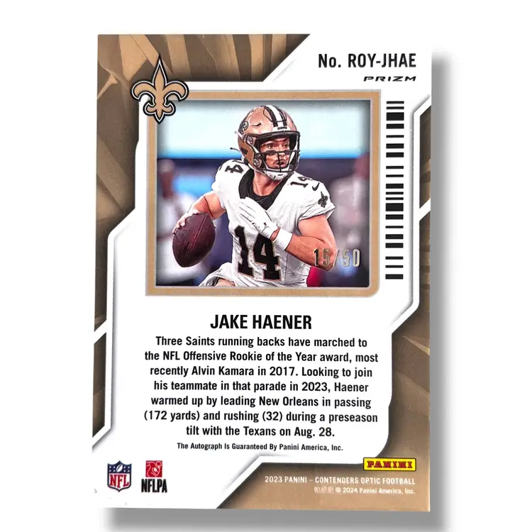 2023 Contenders Optic Jake Haener Rookie of the Year Orange Prizm 15/50 Auto