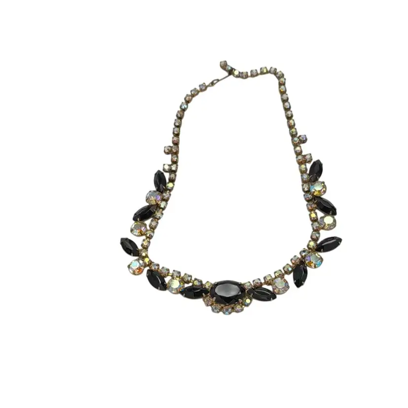 Stunning Vintage AB Rhinestones & Black Glass Faceted Cabochon Goldtone Necklace - 14”