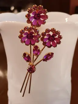 Vintage Pink & Maroon Rhinestone Floral Spray Brooch 3"