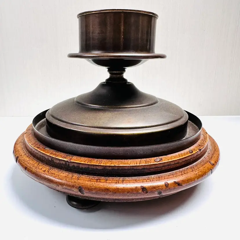 Vintage Wood Copper Lamp Base Pillar Candle Holder Made in Italy Lamp Parts