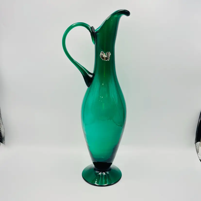 Vintage Empoli Italy Green Glass Hand Blown Ewer Pitcher Applied Handle 16in