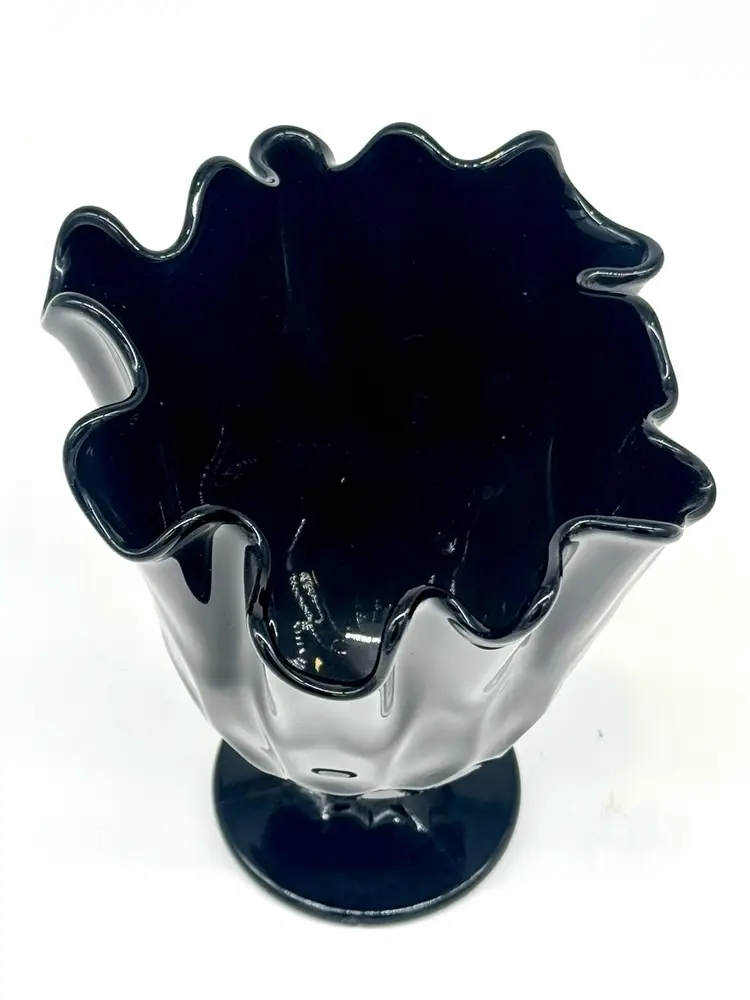 Vintage Art Glass Fenton Black Amethyst Handkerchief Vase apx 8”