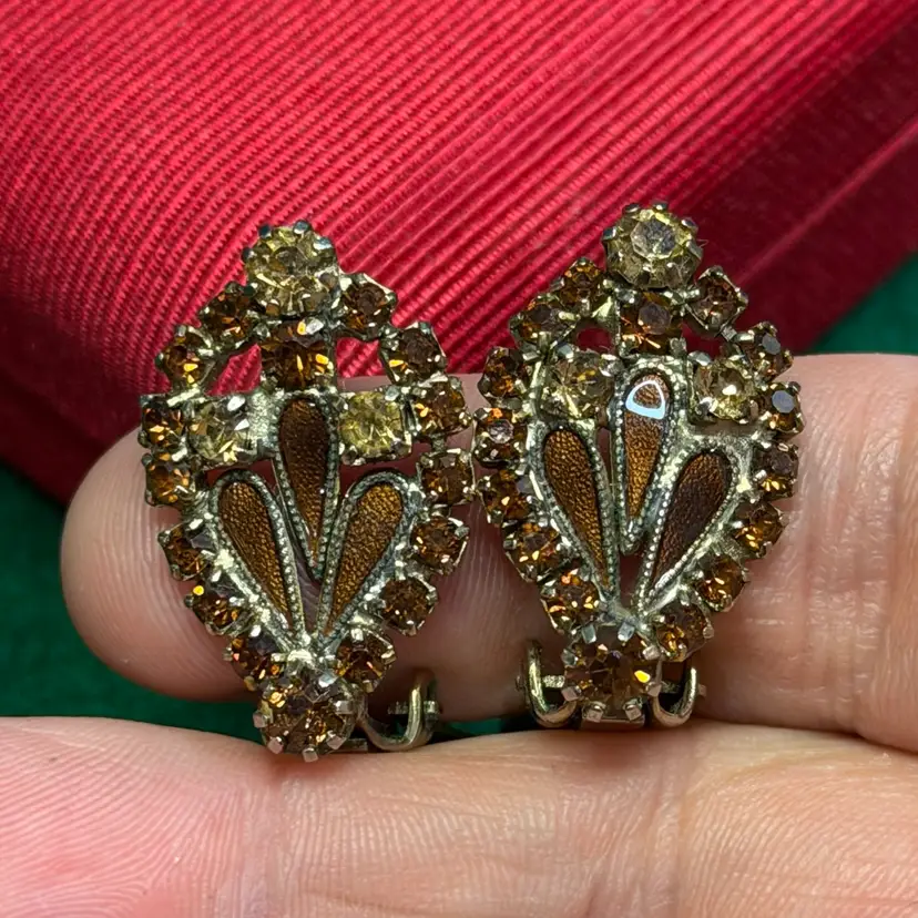 Weiss Clip On Earrings Enamel & Rhinestone Dark Amber Root beer Brown Silver Tone