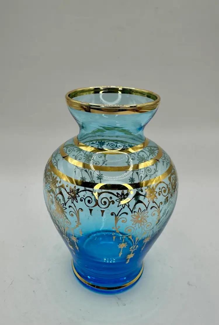 Blue Vecchia Murano Vase Venetian Art Glass Gold Gilt 4 1/4”