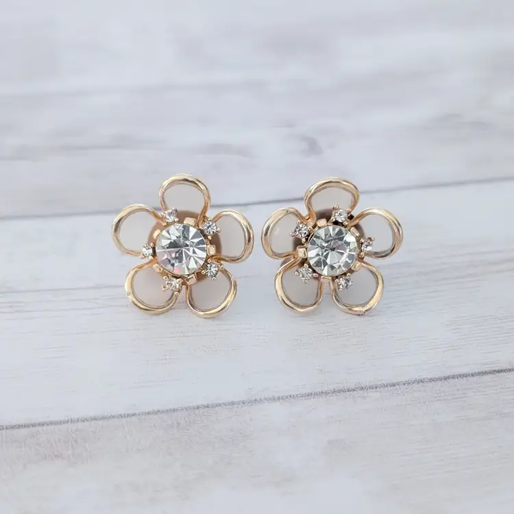 Vintage Screw On Earrings Stunning Gold Tone & Clear Gem Large 3D Flower
