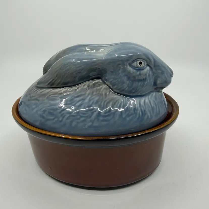 Vintage Secla Portugal Blue & Brown rabbit tureen 6.5”