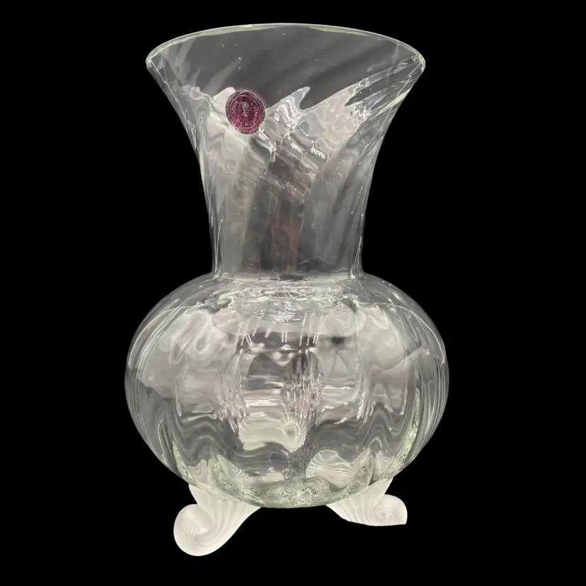 Romania Glass Vase, Swirl Optic, 3 Frosted Glass Scroll Feet, Original Sticker