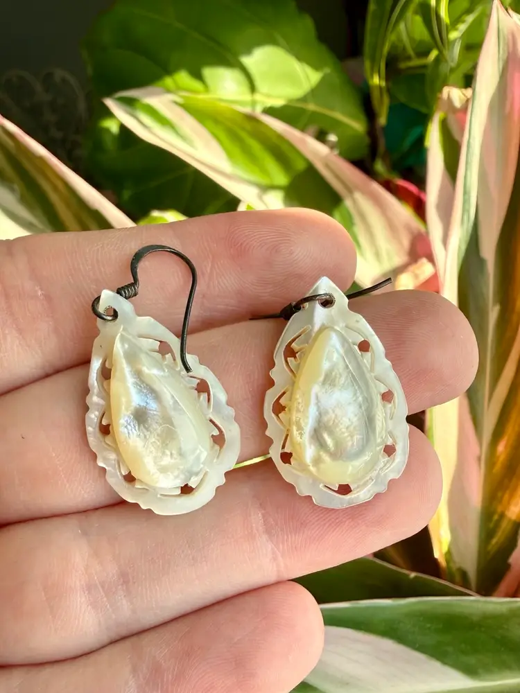 Vintage Brooch + Pierced Dangle Earring SET, Carved Mother of Pearl