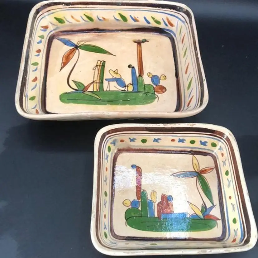 Rare Set of 2 Vintage Tlaquepaque Folk Art Pottery Nesting Trays