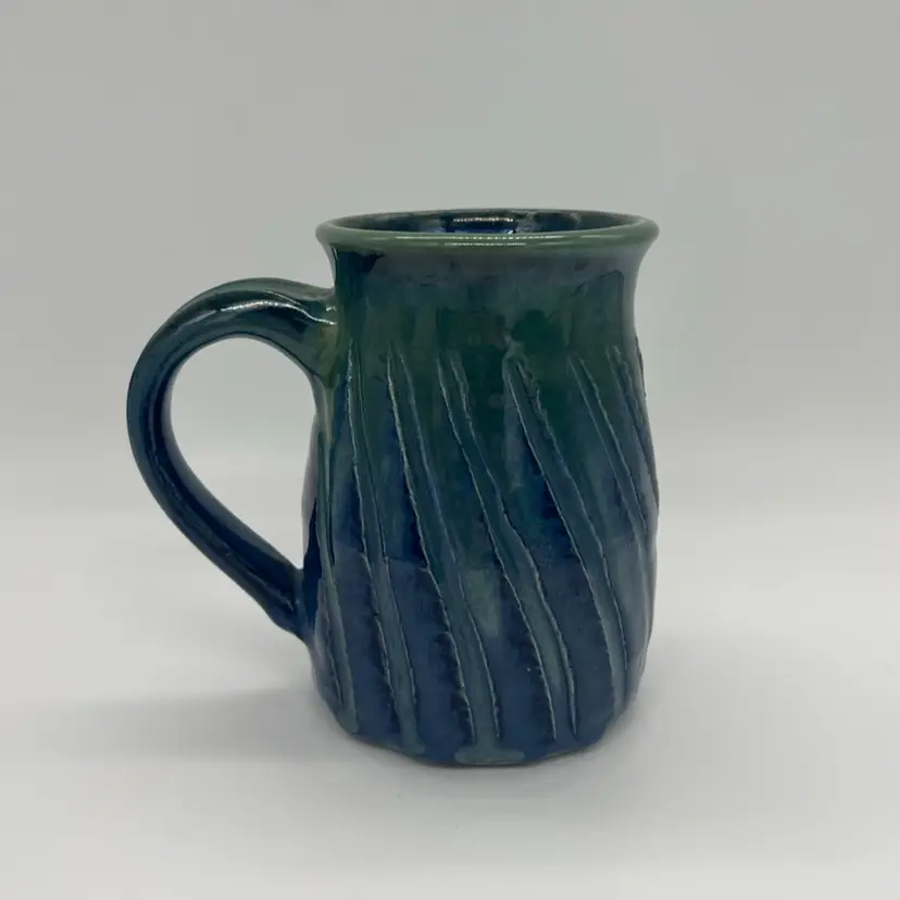Art Pottery Coffee Mug Textured Blue Green Signed E. Delman 2013