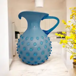 Vintage Empoli Blue Opaline Hobnail Art Glass Pitcher Vase • Italian Mid Century • Applied Handle Decorative Glass