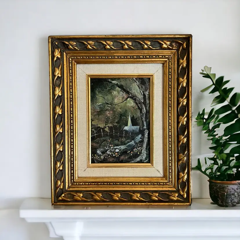 Judy O'Brien Galatha Original Signed Painting. Acrylic Expressionism Country Scene with Church, Forest, Flowers. Gold Frame c 1970s