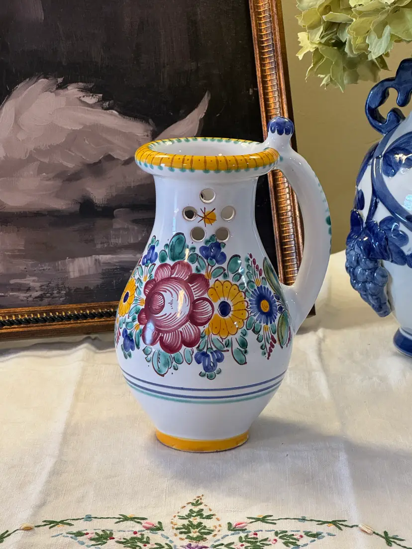 Hand-Painted Floral Ceramic Pitcher (Possibly Slovakian)