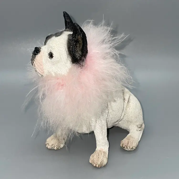 UNBRANDED French Bulldog/Boston Terrier wearing a pink feather boa figurine