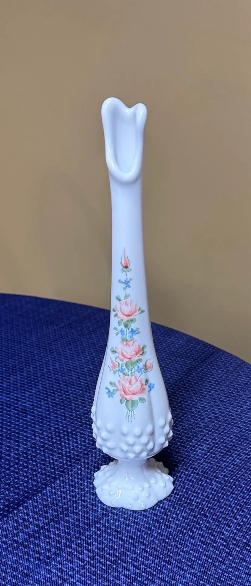 Fenton Milk Glass Hobnail Swung Bud Vase 10.75” Hand Painted Signed Floral Roses