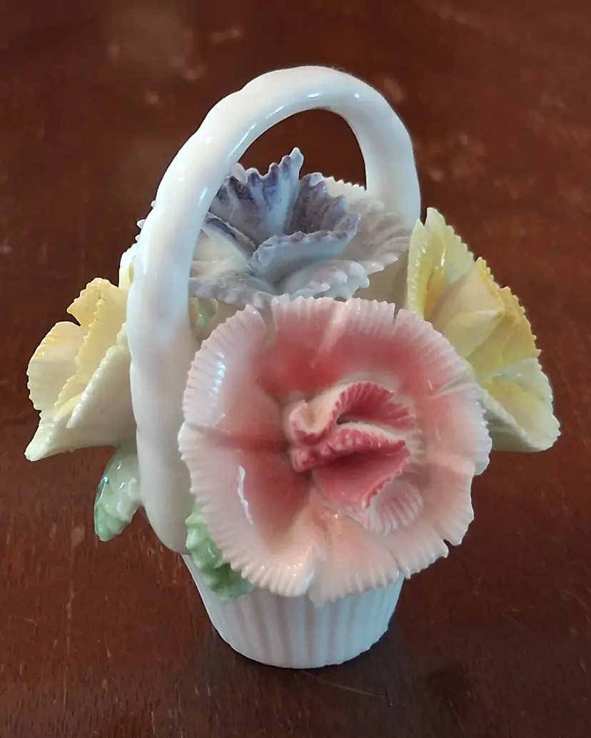 Sweet Vintage Basket of Porcelain Flowers Yellow Pink Lilac 2.5"