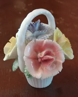 Sweet Vintage Basket of Porcelain Flowers Yellow Pink Lilac 2.5"