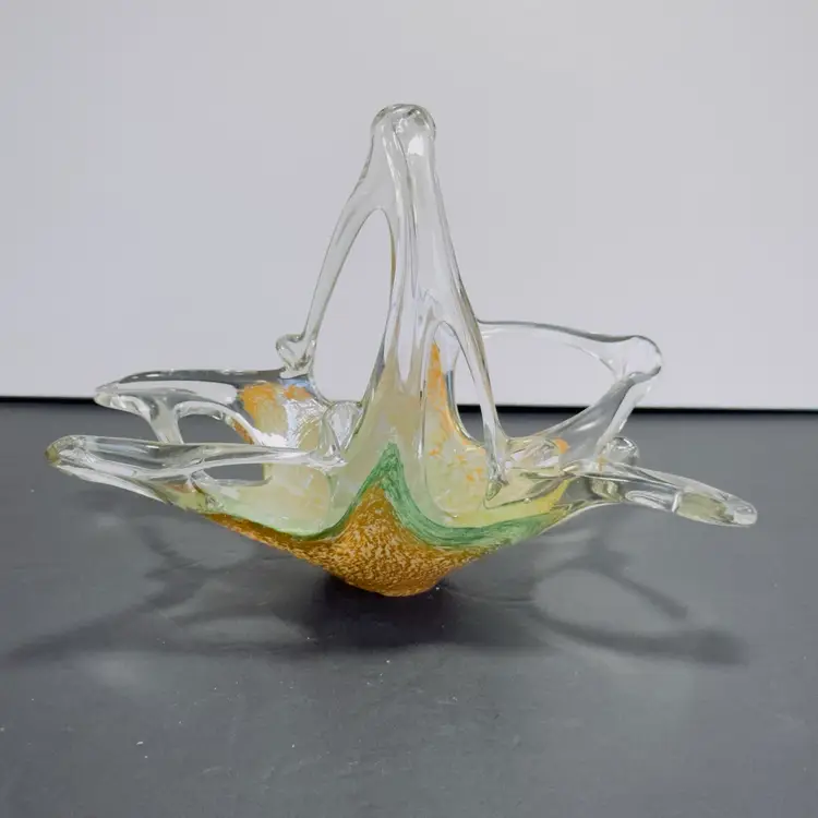 #1343 Vintage Art Glass, Blown, Stretched, Multi Colored Glass Bowl, Abstract Basket Shape