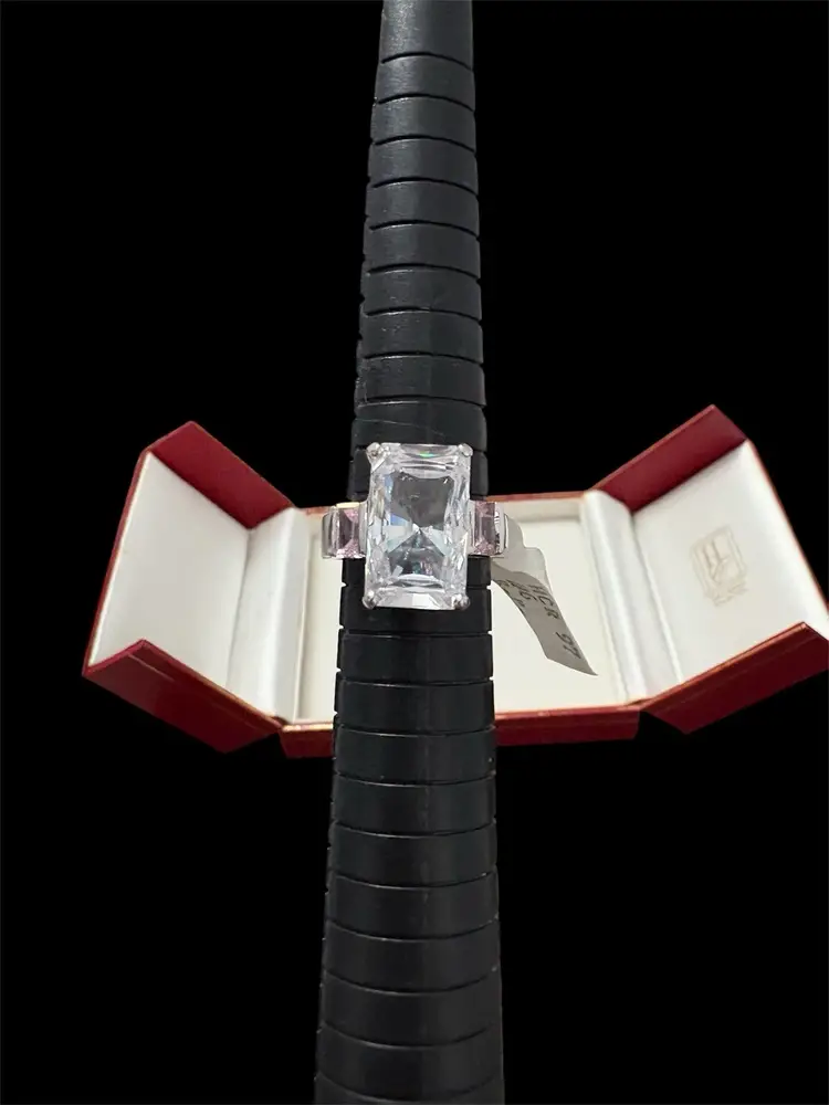 9. Vintage 925 Hollywood Collection Large Emerald Cut Clear and Pink Colored CZ Stones