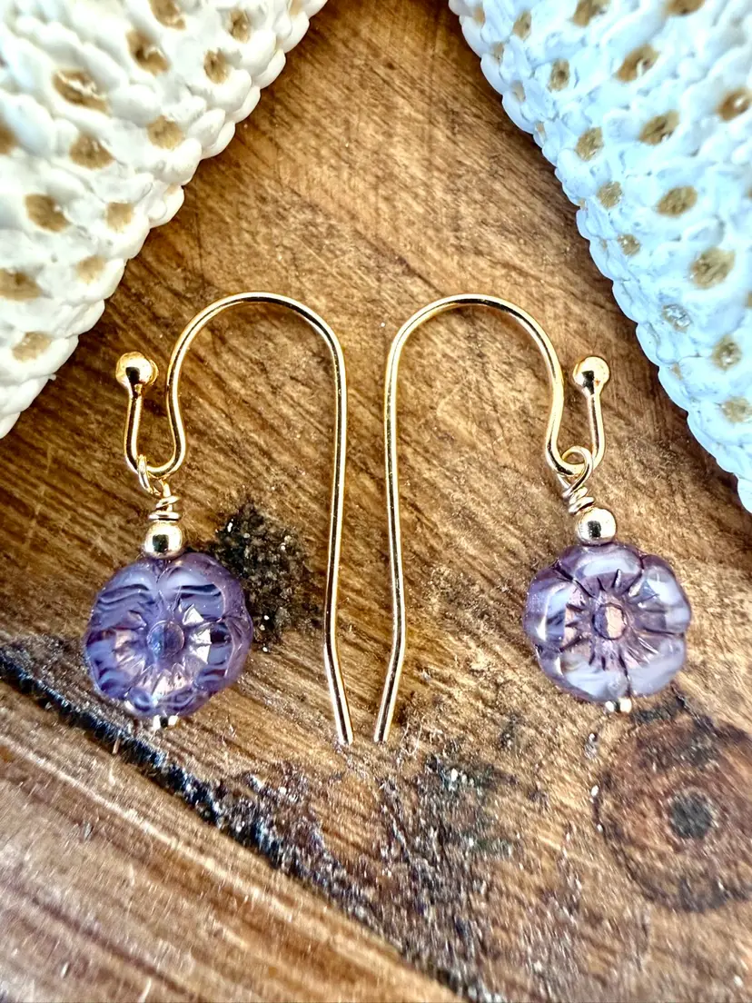 Dainty Lavender Flower Czech Bead Drop Earring Goldfill Finding