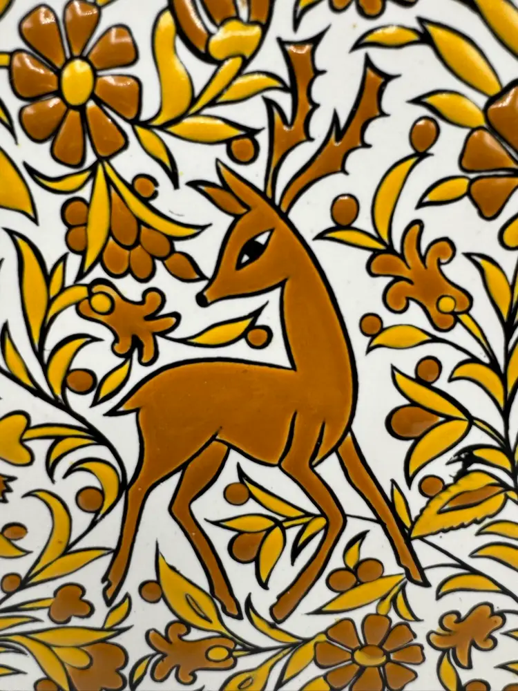 Vtg Greek Philkeram Johnson Handmade Ceramic Tile Stag Deer Foliage Motif 6"x6"