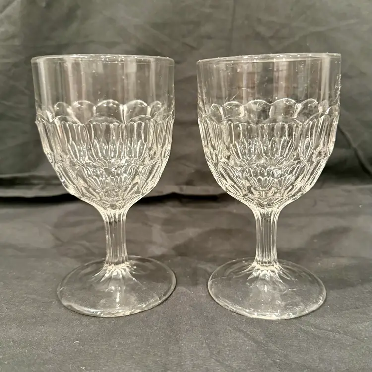 RARE Antique EAPG Thumbprint Water Glasses 1800s Pressed URANIUM Glass GLOWS! Set Of 2