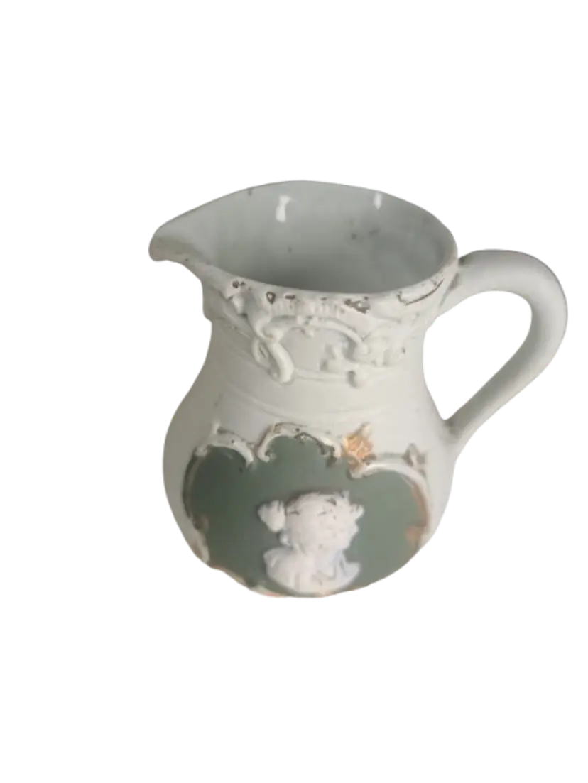 Antique Jasperware Creamer with Depiction of A Lovely Lady, Side Profile 4 Inches