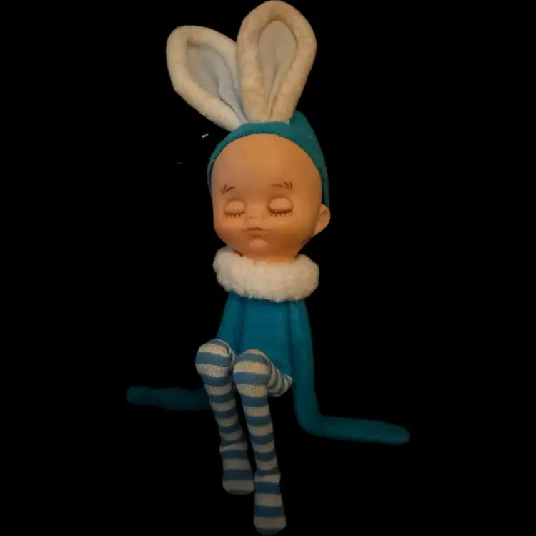 Vintage Japan Christmas Knee Hugger Elf With Bunny Ears Ornament Blue Stripes 6” HTF