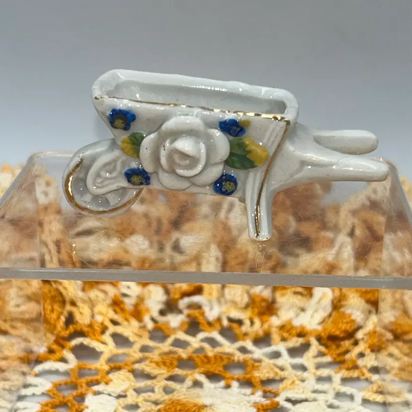 Vintage Miniature Porcelain Wheel Barrel Floral Design Marked Occupied Japan