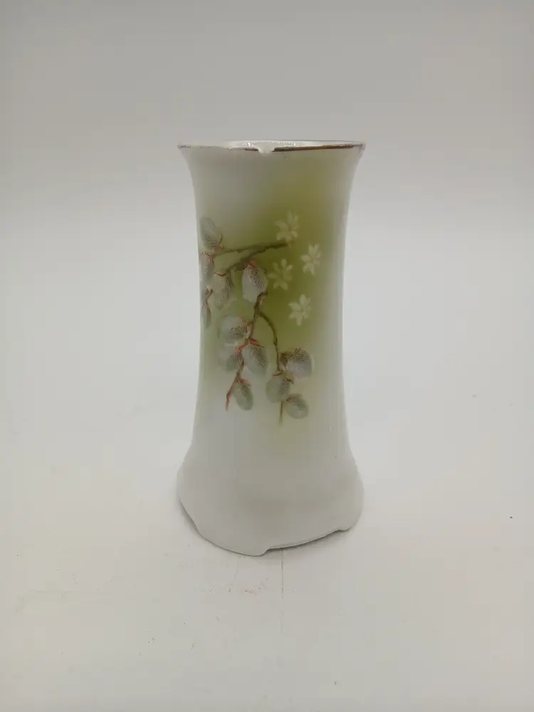 RS Germany Hand-Painted Hatpin Holder – Pussy Willow Floral – Green to White Fade – Gold Trim – 5" – AS-IS