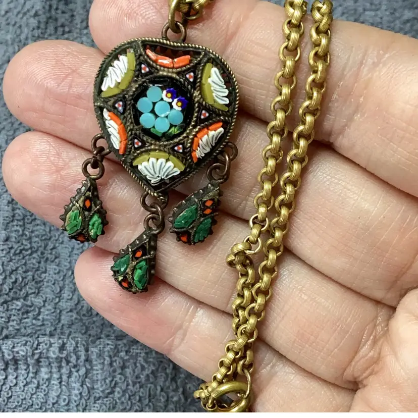 Vintage Micromosaic Heart Pendant Necklace 20”