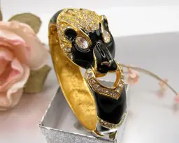 GIORGIO Black Panther Rhinestone Hinged Bangle Vintage Leopard Bracelet