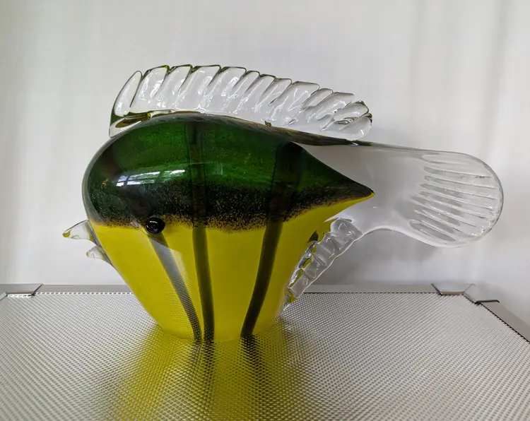 MCM Large Art Glass Tropical Fish Paperweight Sommerso Green Yellow mint