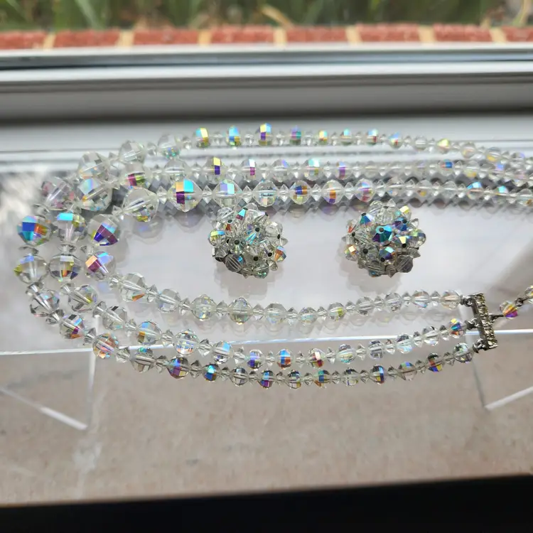 #01 Faceted Rhinestone Set Double Strand Necklace Bracelet Convertible Earrings Classic Wedding Formal Prom VTG Bling Estate Jewelry + Gift Box