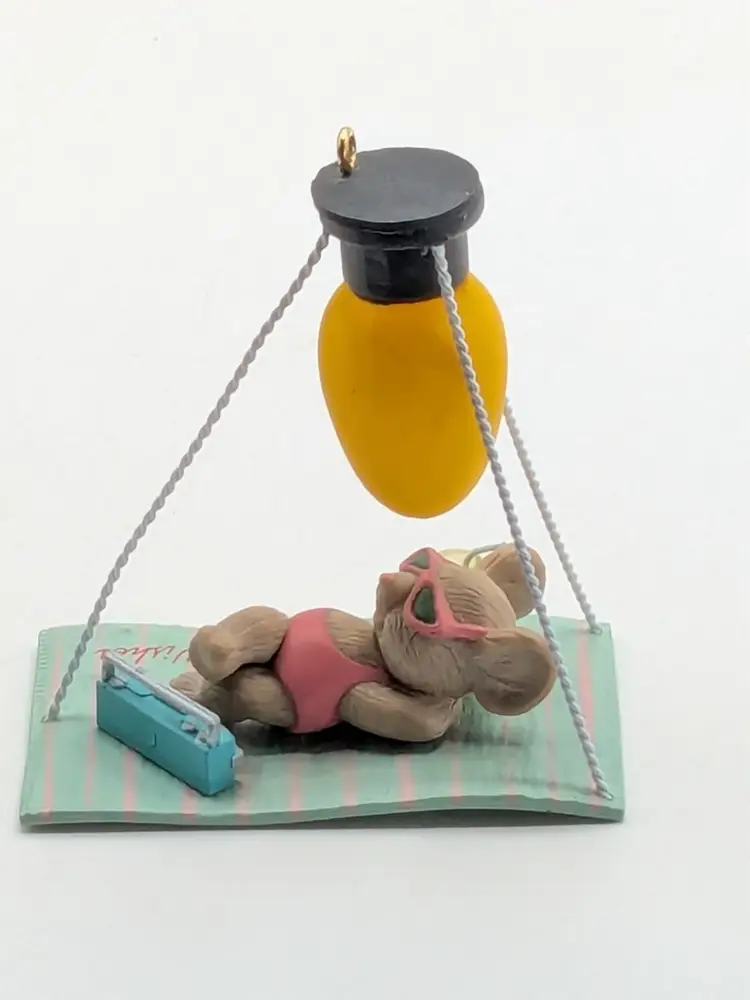 Vintage Enesco Warmest Wishes Tanning Mouse Christmas Ornament 1990