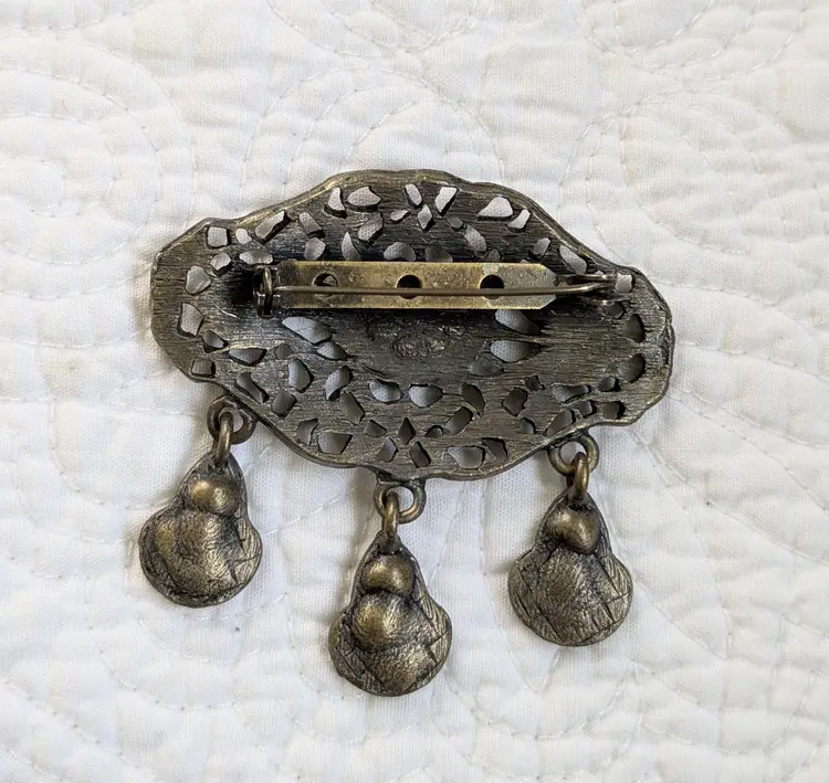 Vintage Victorian Revival Bronze Tone Brooch with Purple Enamel Dangles