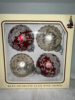 Vintage Christmas by Krebs Glass Ornaments Set Of 4 Red , White Hand Decorated