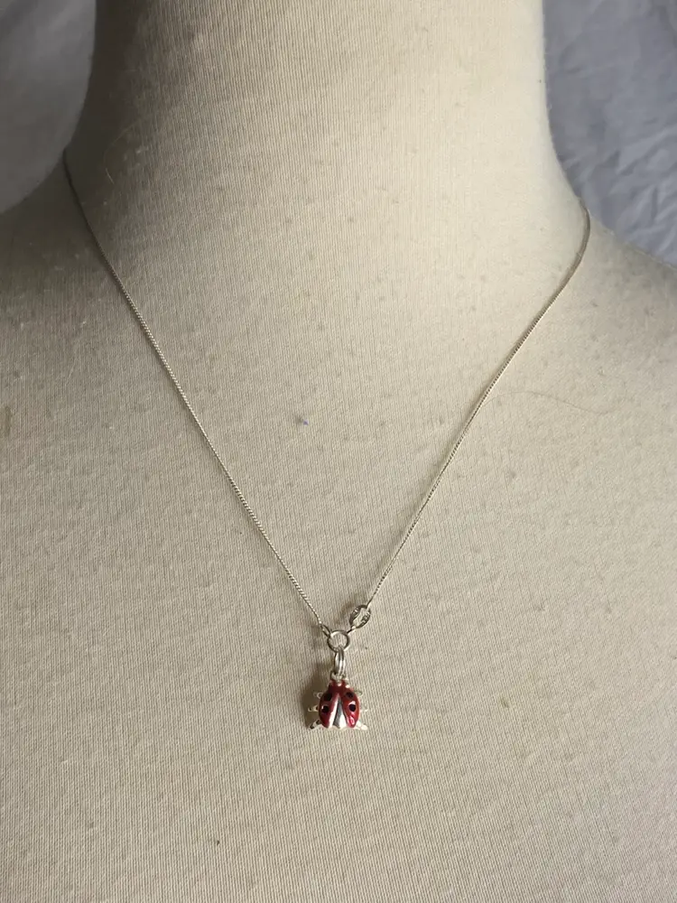Sterling Silver Enamel Ladybug Pendant Necklace 925 RO Italy 16” Chain