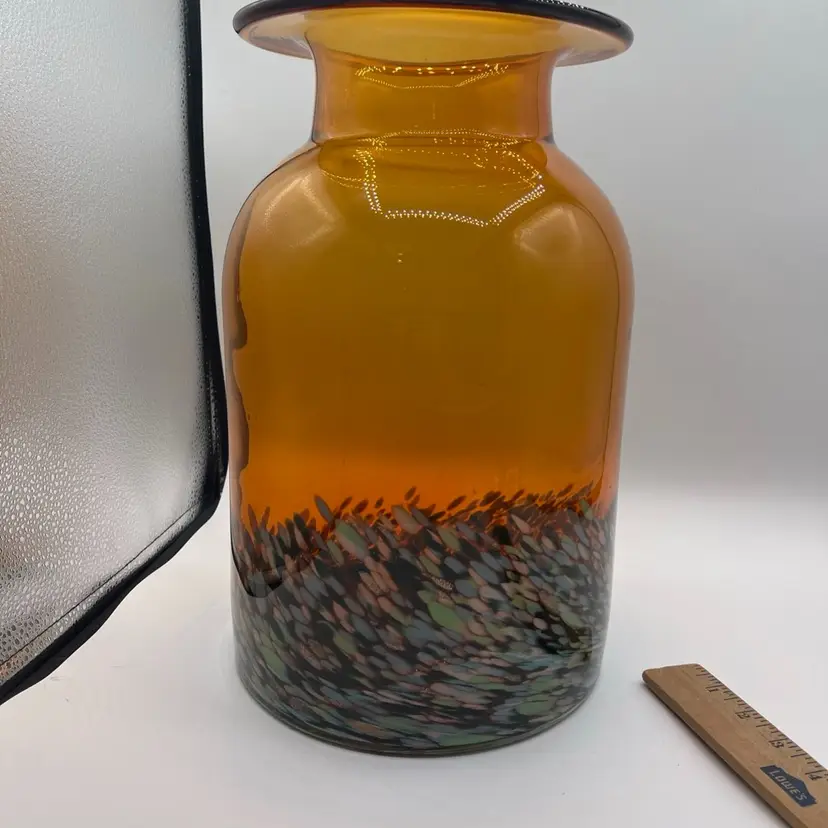 Art Glass Vase Amber Glass Mixed Colors At Base 13.5”