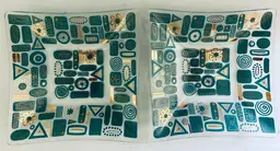 1960's MCM Hedy Glass 16 Inch Tray Dish Curved Double Tray Aqua Blue & Gold